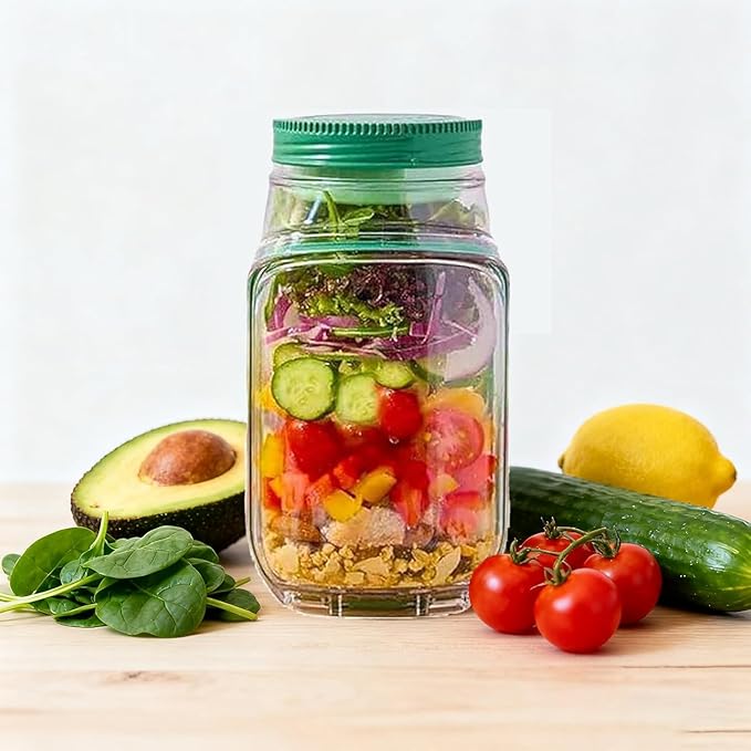 The Original Salad Pod,Original Mason Jar Side Open, Mason Jar, Jars With Lids Meal Prep,Suitable for Home, Outdoor and Travel (Salad Pod (2pcs))