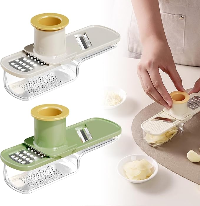 Multifunctional Garlic Grinder & Mandoline Slicer,2025 New Mini Ginger Garlic Grinding Planer Chopper Hand Press Vegetable Mandoline Cutter Tool with Container (Creamy+Green)