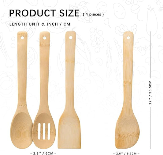 Wooden Spoons for Cooking, 4PCS Wooden Utensil Set Includes Slotted Spoon, Wooden Spoon & Wooden Spatula, Bamboo Cooking Utensils for Non-Stick Pans, Natural Bamboo Utensils