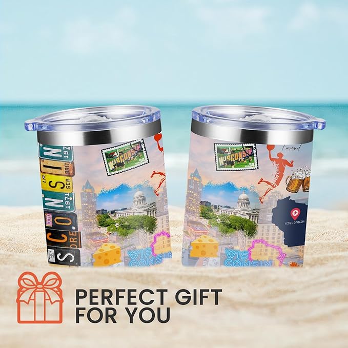 12oz Coffee Mug Wisconsin State Insulated Coffee Cups, United States Map Travel Mug Landmark, Birthday Gifts Cute Mugs with Lid and Straw Gifts for Mom