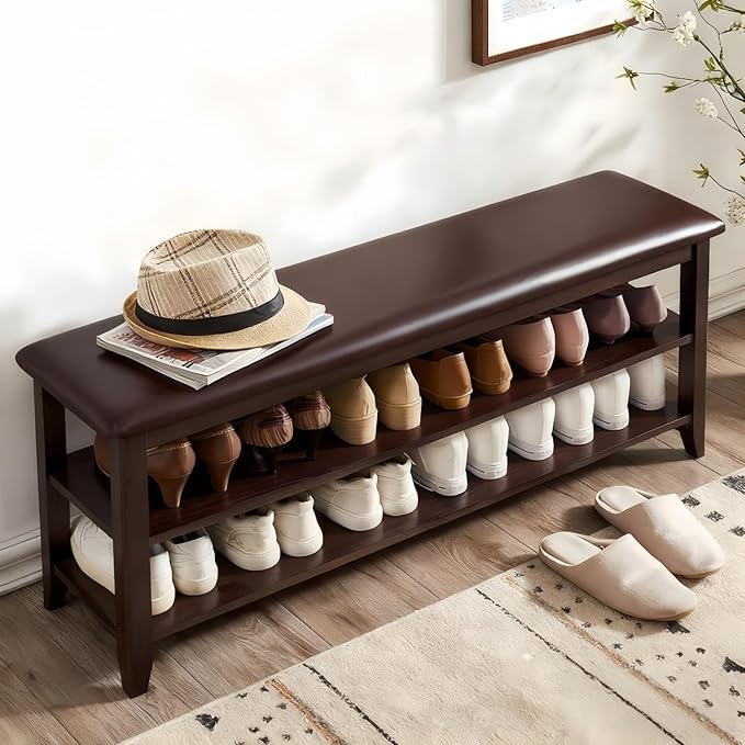Shoe Bench Storage with Leather Cushion, Rustic Solid Wood Entryway Bench with 2 Height-Adjustable and Removable Shelves for Hallway, Living Room, Mudrooms (Dark Brown,47.2")