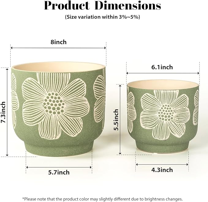 YBX 8 Inch + 6 Inch White Flower Pattern Plant Pots, Sand Glazed Ceramic Planter with Drainage Hole, Flower Pots for Indoor Plants, Tan & White