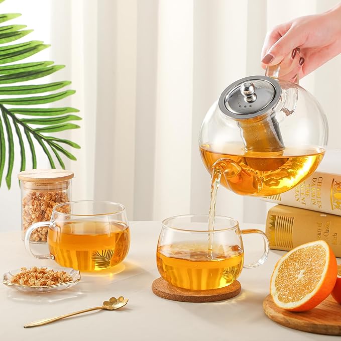 50OZ/1500ML Glass Teapot Set with 4 Teacups & Removable Stainless Steel Infuser, Stovetop & Microwave Safe Clear Tea Maker Water Kettle with 12OZ/360ML Tea Cups for Loose Leaf Blooming Tea
