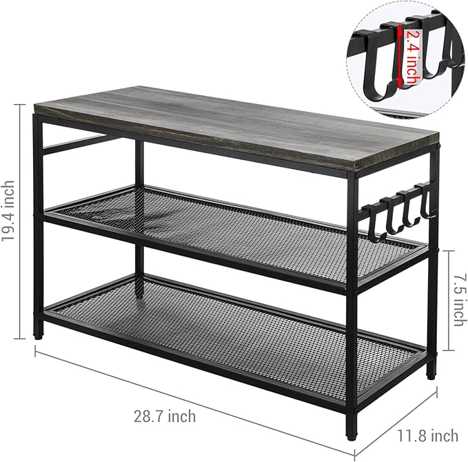 MyGift 28 Inch Black Metal Shoe Stand with 2 Mesh Shelves Rack and Vintage Gray Solid Wood Top Storage Shelf, 3-Tier Rustic Industrial Entryway Organizer Bench Includes 4 Hanger Hooks