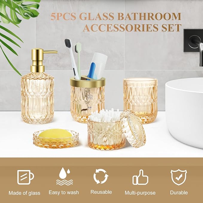 Bathroom Accessories Set, 5Pcs Gold Glass Bathroom Accessories Set with Gold Soap Dispenser, Soap Dish, Toothbrush Holder, Tumbler, Cotton Swab Jars