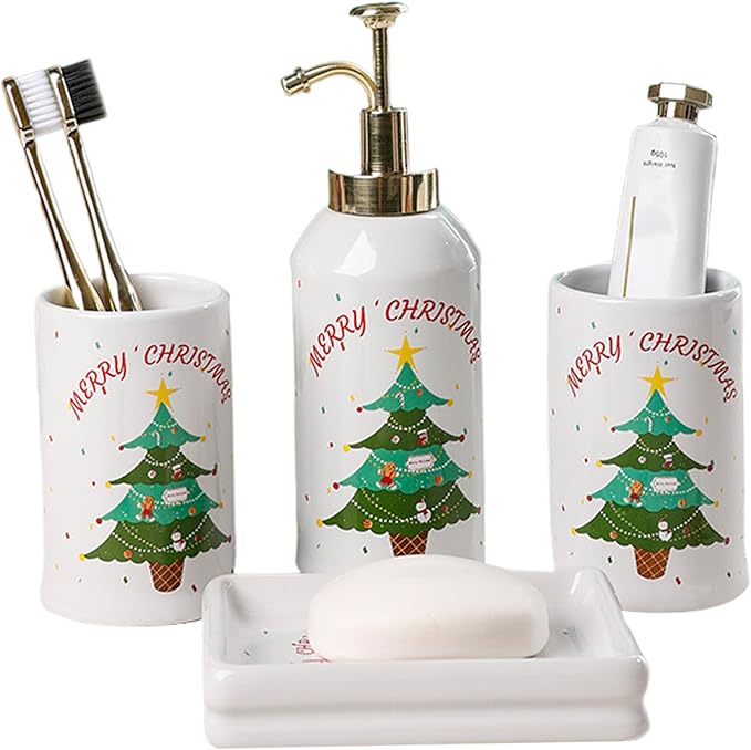 Christmas Bathroom Accessories Set Ceramic Christmas Soap Dispenser with Toothbrush Holder Tumbler Soap Dish for Bathroom Decor Home..