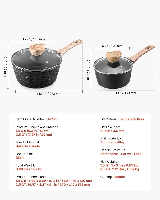 VEVOR Saucepan Set, 1.5 QT & 2.5 QT Nonstick Saucepan with Glass Lids, Multipurpose Cooking Sauce Pots with Detachable Handles, Sauce Pan Kitchen Cooking Pot with Coating, Induction Compatible, Black