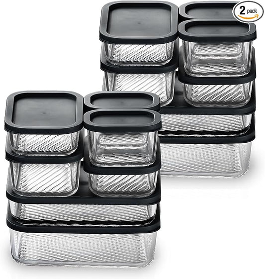 EATEX 14 Pack Glass Meal Prep Containers with Grooved Base, 14 Stackable BPA Free Glass Storage Containers with Lids for Lunch, Pantry, and Kitchen - Microwave, Dishwasher Freezer & Oven Safe - Black