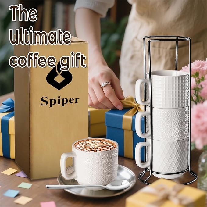 Large Coffee Mug Set of 4 with Stand and Spoons – 14oz Heavy Duty Ceramic Cups for Breakfast Coffee, Hot Drinks, Cocoa – Microwave & Dishwasher Safe – Big Porcelain Mugs Gift for Home Use