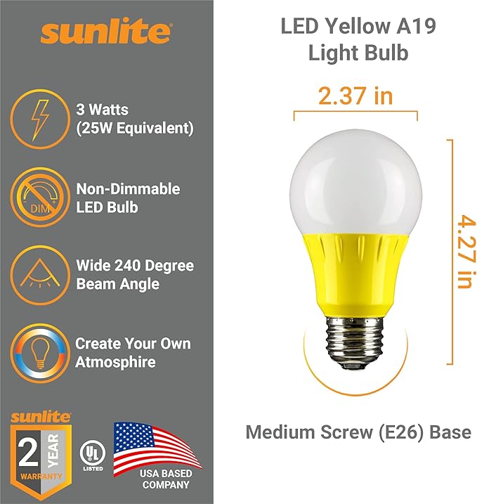 Sunlite 41726 LED A19 Colored Light Bulb, 3 Watts (25w Equivalent), E26 Medium Base, Non-Dimmable, UL Listed, Party Decoration, Holiday Lighting, 6 Count, Yellow