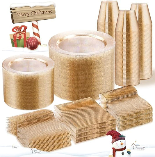 WELLIFE 600 PCS Gold Glitter Disposable Dinnerware Set for 100 Guests, Plastic Plates for Party, Including 100 Dinner Plates, 100 Salad Plates,Cups,Silverware Set for Wedding and Party Supplies