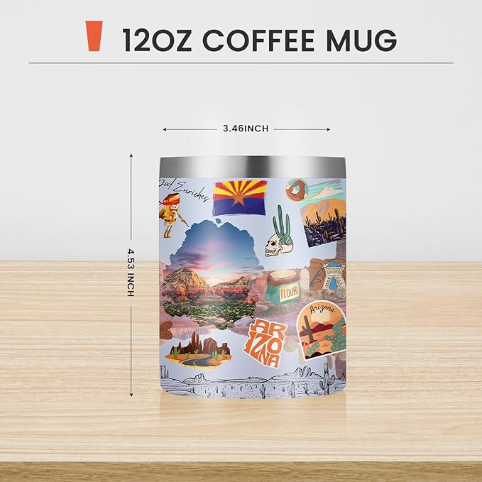 12oz Coffee Mug Arizona State Insulated Coffee Cups, United States Map Travel Mug Landmark, Birthday Gifts Cute Mugs with Lid and Straw Mothers Day Gifts