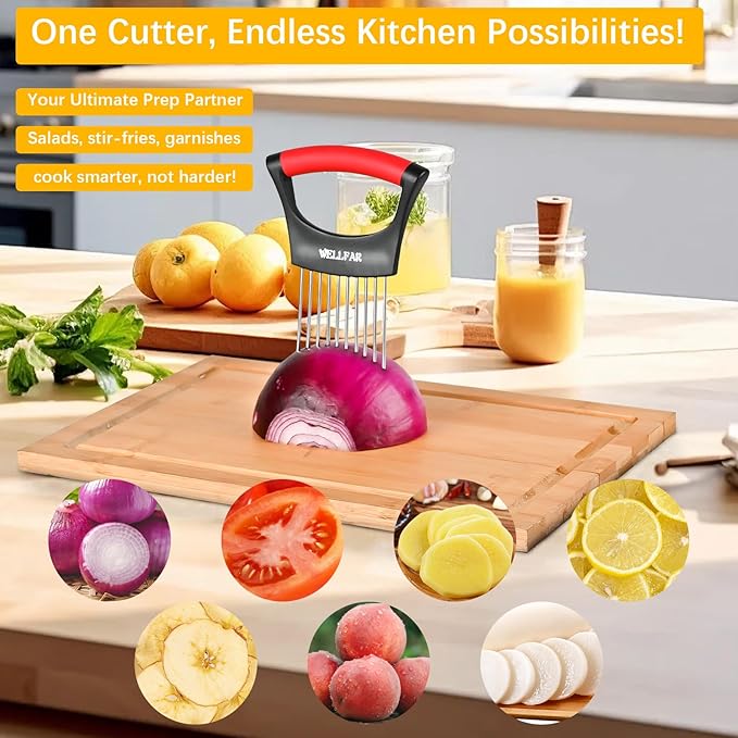 【2 PCS】Onion Slicer Holder - Onion Holder for Slicing, Vegetable Chopper & Cutter Tool for Potato, Lemon, Tomatoes, Stainless Steel Kitchen Gadget with Guide Rack, Meat Prep & Food Essentials.
