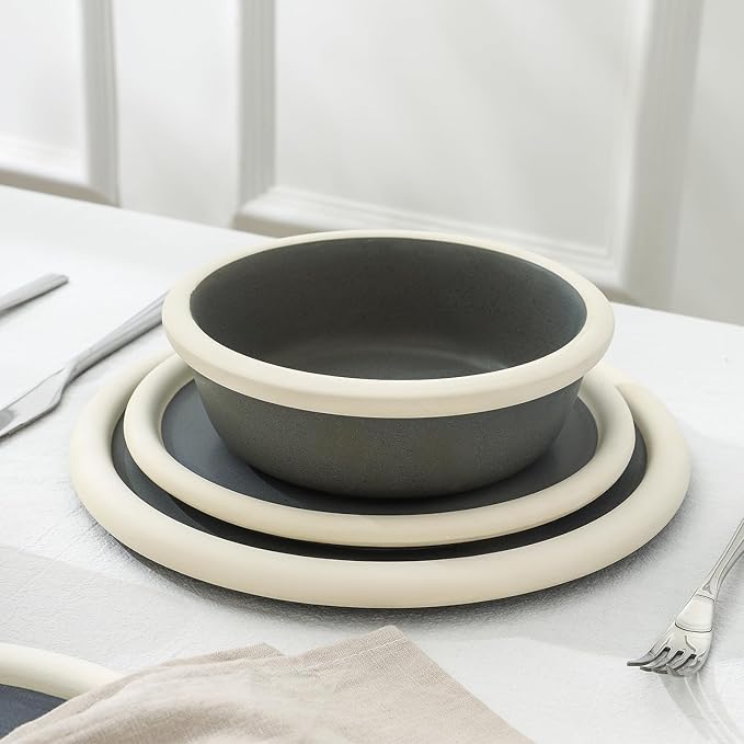Stone Lain Capri 12-Piece Dinnerware Set Stoneware, Plates and Bowls Set, Microwave and Dishwasher Safe, Dish Set for 4, Grey