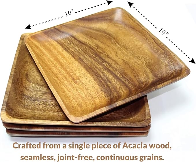 Wooden Plates Set of 4 – 10” Square Acacia Wood Plates, Rustic Dinnerware for Steak, BBQ, Charcuterie, or as Wooden Chargers