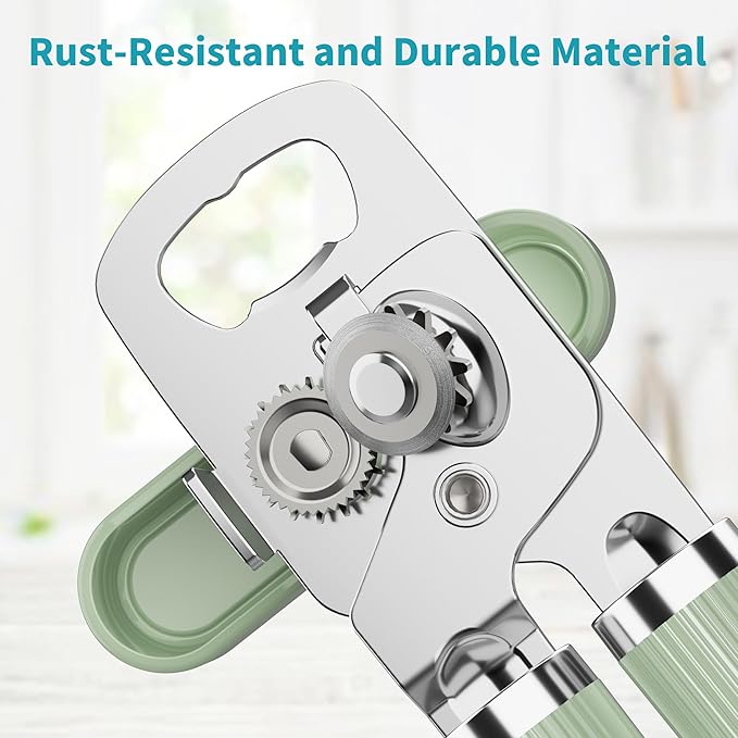 Ultrean Manual Can Opener Bottle Opener, Heavy Duty Stainless Steel Smooth Edge Manual Hand Held Can Opener With Soft Touch Handle, Rust Proof Oversized Handheld Easy Turn Knob (Green)
