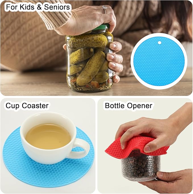uxcell 4pcs Silicone Jar Opener Pads, 17.5cm/7" Texture Can Opener Multipurpose Round Bottle Lid Opener Non-Slip Coasters for Weak Hands Seniors Children, Blue