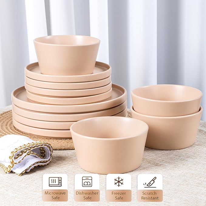 Dinnerware Sets for 4 - CJDC-QUELO 12-Piece Stoneware Plates and Bowls Sets, Ceramic Dishware Sets for Kitchen Use and Formal Dining, Chip and Scratch Resistant Microwave Dishwasher Safe, Brown