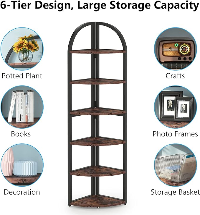 Tribesigns 6 Tier Corner Shelf, 71 inch Tall Corner Bookshelf for Small Space, Rustic Plant Stand Display Rack for Living Room, Home Office, Kitchen