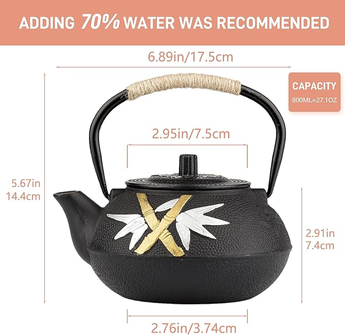 Cast Iron Teapot,SECHUDO Tea Kettle,Japanese Cast Iron Teapot with Stainless Steel Infuser for Stovetop Safe (27.1OZ/800ML)