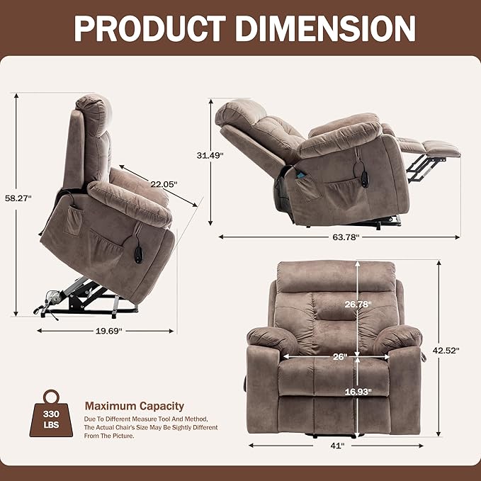 Oversized Power Lift Recliner Chair for Elderly with Massage Heat, Light Brown Velvet Electric Lay Flat Recliners with Cup Holders, Side Pockets, Infinite Position, Gift for Family