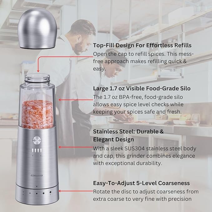 ICE ARMOR Electric Salt and Pepper Grinder, Set of 3 with Wireless Charging Base, Stainless Steel, Rechargeable Automatic Pepper Mill, Adjustable Coarseness, Easy to Use & Clean, Perfect Kitchen Gift