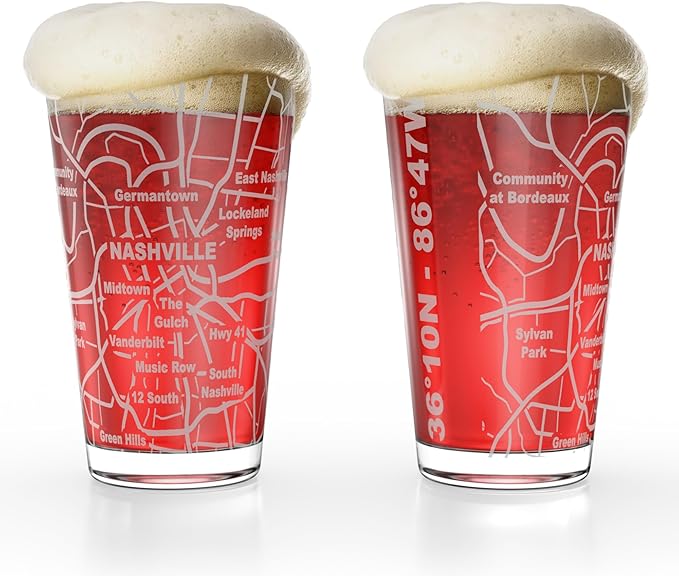 Greenline Goods – Nashville, TN Map Pint Beer Glasses (Set of 2), 16 oz – Etched Wrap Design