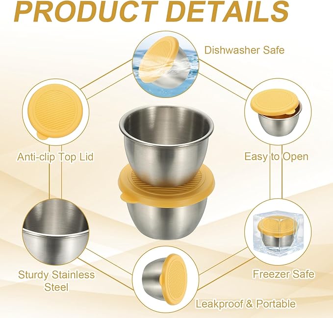 uxcell 1 Set 2.8oz Stainless Steel Salad Dressing Containers with Silicone Lids, Reusable Dipping Sauces Cups, Leakproof Condiment Containers for Picnic Travel Kitchen, Yellow