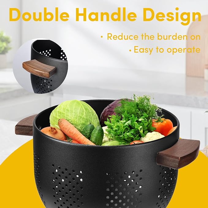 Metal Colander with Wood Handle & Self-Draining Base | 5.8QT Large Pasta Strainer for Kitchen | Scratch-Resistant Powder Coated Steel Basket for Vegetables, Fruit, Berries (Matte Black)