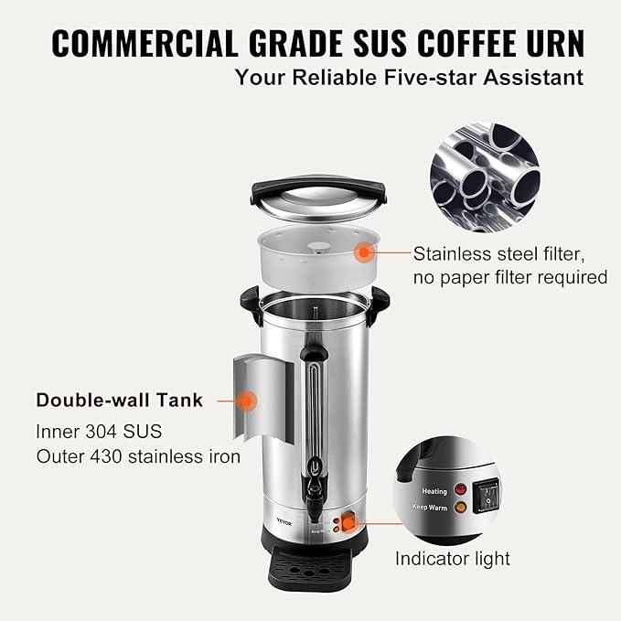 VEVOR Commercial Coffee Urn, 110Cups/16.5L Stainless Steel Large Coffee Dispenser, 1500W 110V Electric Coffee Maker Urn For Quick Brewing, Hot Water Urn for Easy Cleaning
