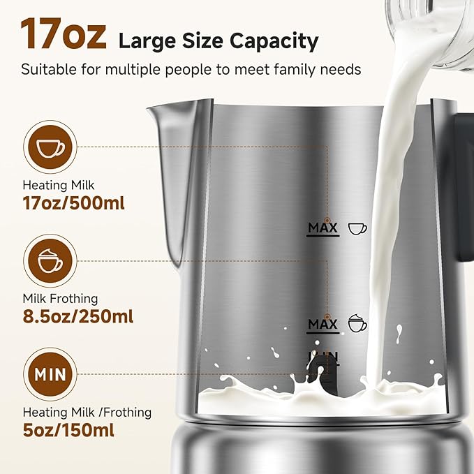 Milk Frother and Steamer [Upgraded], AMZCHEF All-in-1 Detachable Frother for Coffee 600W, Automatic Warm and Cold Foam Maker, Stainless Steel Jug, Dishwasher Safe, LED Display