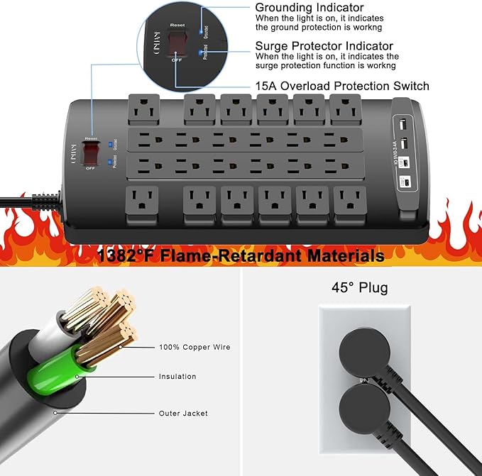 Surge Protector Power Strip - QINLIANF 15Ft Flat Plug Heavy Duty Extension Cord with 24 Outlets and 4 USB Ports(1 USB-C Ports), 1875W/15A, 4100J, for Home, Office, Dorm, ETL Listed, Black