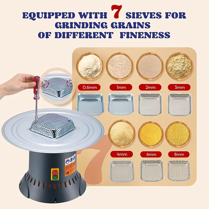 Moongiantgo 15.8Gal Grain Mill Grinder Electric Corn Grinder 1300W Feed Mill for Dry Cereals with 7 Sieves + 1 Socket Wrench + 1 Cloth Bag + 1 Shovel, Detachable 60L Bucket & Hopper, Molino de Maiz