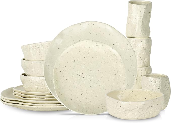 Stone by Mercer Project Atik Modern Stoneware 16-Piece Dinnerware Set, Plate and Bowl Set, Dish set for 4, Cream Speckled