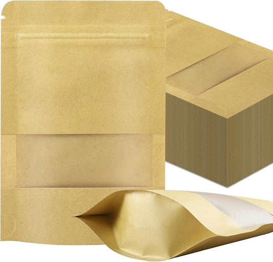 100 PCS Resealable Bags, Stand Up Kraft Paper Bags with Matte Window, Zipper Lock Food Storage Bags for Small Business and Home, 3.9 * 5.9 Inch Reusable Sealable Bags for Packaging