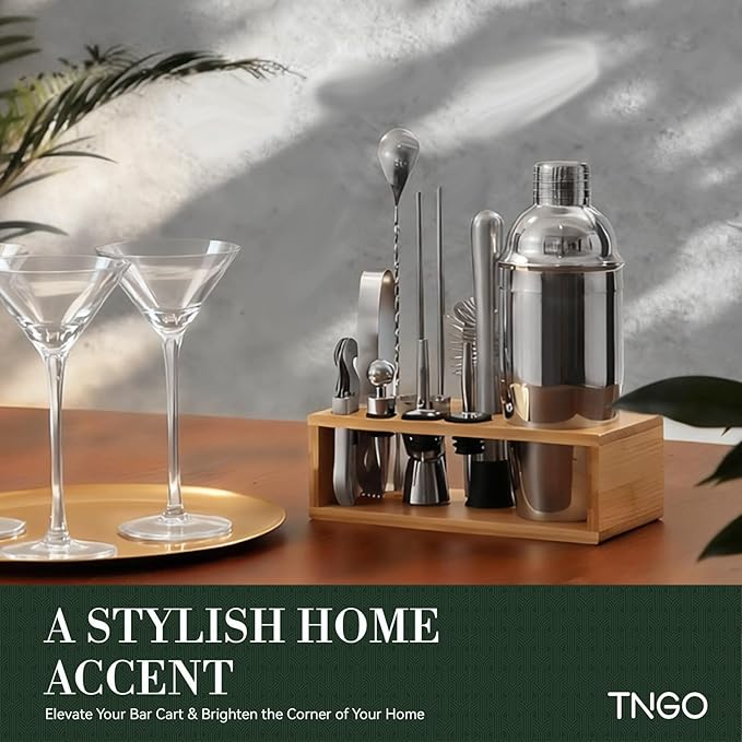 TNGO Cocktail Shaker Set - Mixology Bartender Kit with Sleek Stand - Premium Bar Tool Set All Bar Accessories Includes Martini Shaker Drink Mixer, Muddler, Jigger, Strainer, Bar Mixer Spoon
