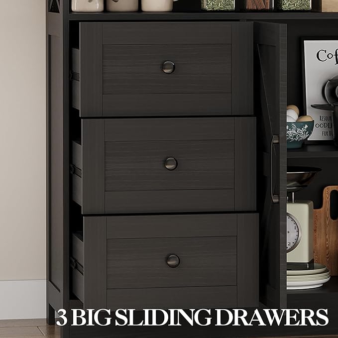 OUTLANE 47In Large Buffet Cabinet, Modern Farmhouse Sideboard with 3 Drawers, Wood Cupboard Storage Pantry Cabinet with 2 Barn Doors&Adjustable Shelf, Storage Cabinet for Living Room, Kitchen, Black