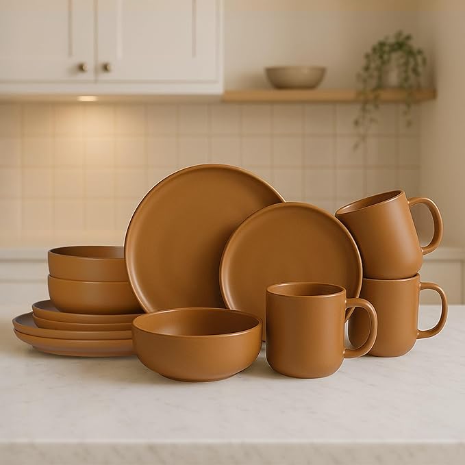 12-Piece Stoneware Dinnerware Set with Mugs | Microwave and Dishwasher Friendly | Stackable Matte Glaze Plates & Bowls | Service for 3 (Orange for 3)