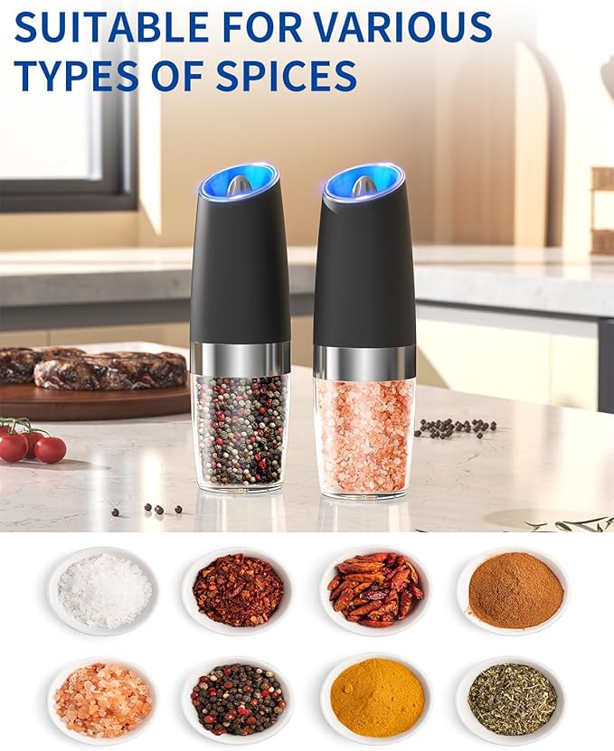 CIRCLE JOY Gravity Electric Pepper Grinder Salt Grinder Pepper Griner Mill Electric with LED Light, Battery Operated, Adjustable Coarseness, Washable 135ml Container, 1 Pcs