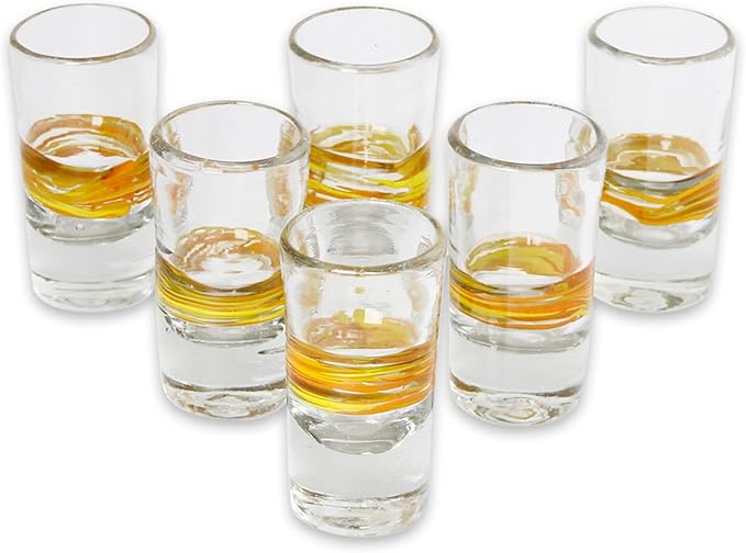NOVICA Artisan Crafted Yellow Spiral Clear Recycled Tequila Shot Glasses, 2 Oz. 'Ribbon Of Sunshine' (Set Of 6)