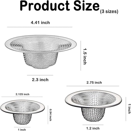 Bathroom Mesh Sink Drain Strainer Screen, 15PCS Drain Mesh Basket Cover Stainless Steel Slop Basket Filter Trap Tub Drain Screen Hair Catcher for Shower Utility Drain (2.125''&2.75"&4.41'')