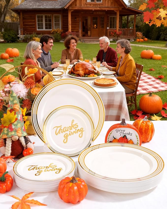 Supernal 60pcsThanksgiving Plastic Plates Disposable Heavy duty,Fancy Disposable Plates,Ivory Plastic Plates with Gold Trim Include 30 Dessert&Dinner Plato for Fall,Party and thanksgiving dinner