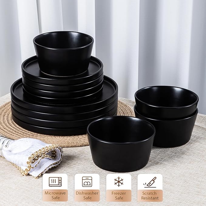 Plates and Bowls Sets for 4 - CJDC-QUELO 16 Piece Stoneware Dinnerware Sets with Mugs, Ceramic Dishware Sets for Kitchen Dining Use, Chip and Scratch Resistant Microwave Dishwasher Safe, Black
