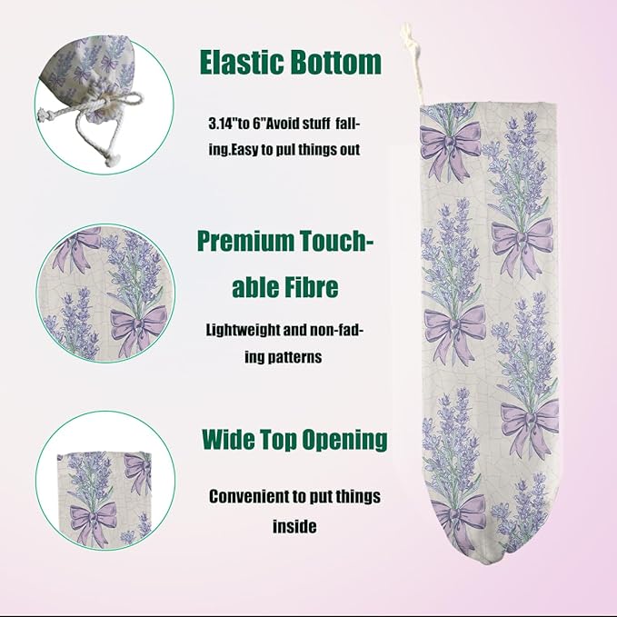 Lavender Plastic Bag Holder, Wall Mount Grocery Bag Holder for Plastic Bags, Bow Tie Washable Large Grocery Bags Storage Dispenser for Home Kitchen Pantry Decor, Purple Gifts for Women Wife Grandma