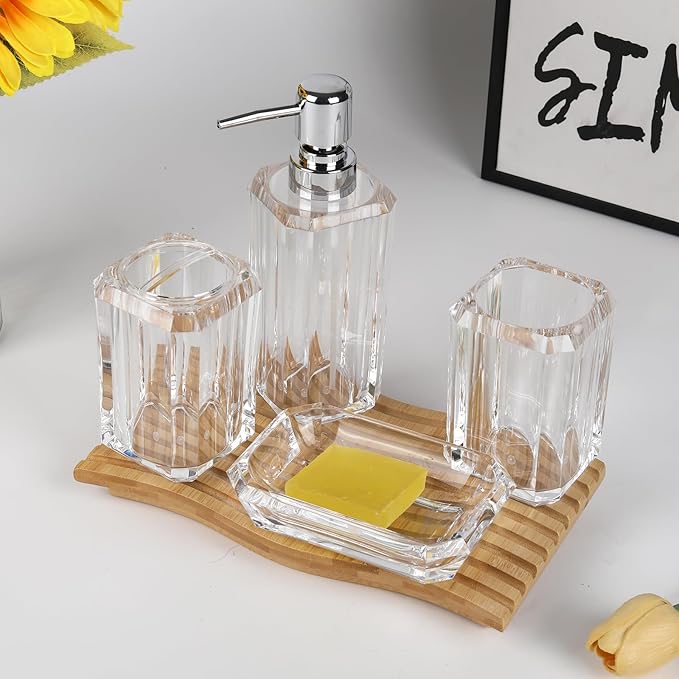 Clear Bathroom Accessories Set, Bathroom Accessories Set, 4 Pcs Acrylic Bathroom Accessories Sets Hand Sanitizer Bottle, Lotion Can, Separate Bottle, Soap Box, Toothbrush Cup(Clear)