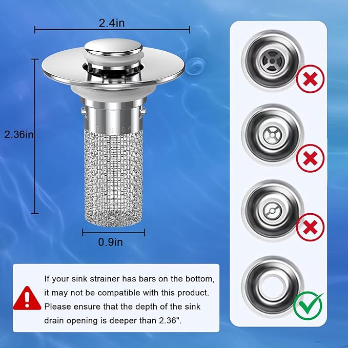 Sink Stopper Hair Catcher, Pop-up Sink Drain Strainer with Removable Stainless Steel Strainer Basket Hair Catcher, Bathroom Sink Strainer for Bathroom Sink Stopper Replacement