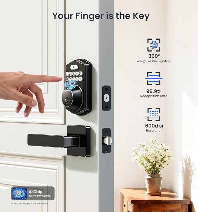Veise VE012W-L Built-in WiFi Fingerprint Smart Lock with Lever Handle Set, App Remote Control, Keyless Entry for Front Door, Deadbolt Digital Backlit Keypad, Voice Assistant, Auto Lock, Matte Black