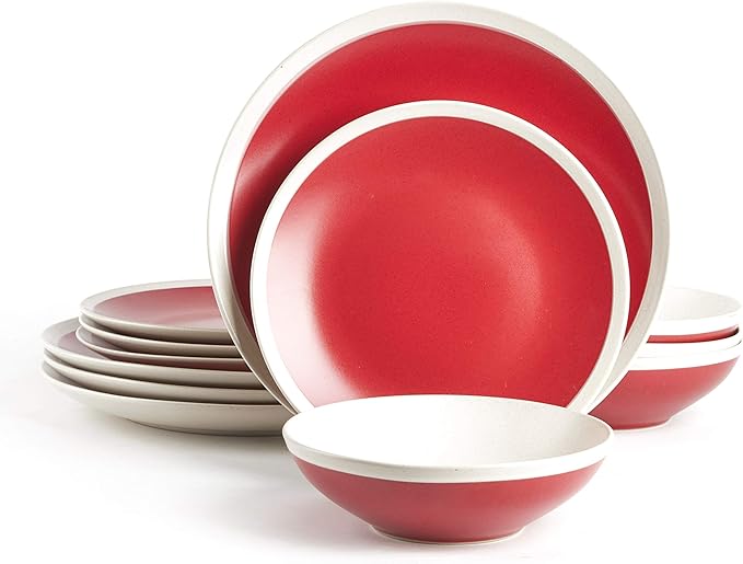 Rock Ridge Speckled Stoneware Dinnerware Set (12pc Set, Ruby and Ivory)