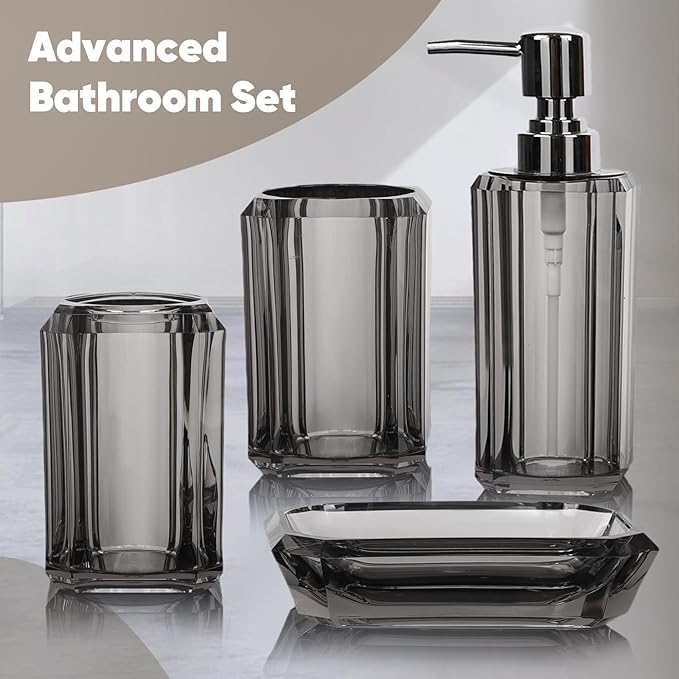 4 Piece Premium Acrylic Bathroom Accessory Set, Hand Sanitizer Bottle, Lotion Can Bathroom Suit, Separate Bottle Soap Box, Mouthwash Cup, Toothbrush Cup (Gray)