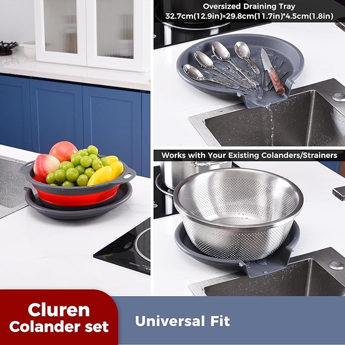 Collapsible Colander Set with Universal Draining Tray | 3-Pack Foldable Kitchen Strainers + Base | Space Saving for Pasta, Veggies, Fruit & Rice | 5 Colors (Gray-Red)